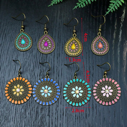 1 Pair Ethnic Style Water Droplets Flower Alloy Enamel Plating Inlay Artificial Gemstones Women'S Drop Earrings