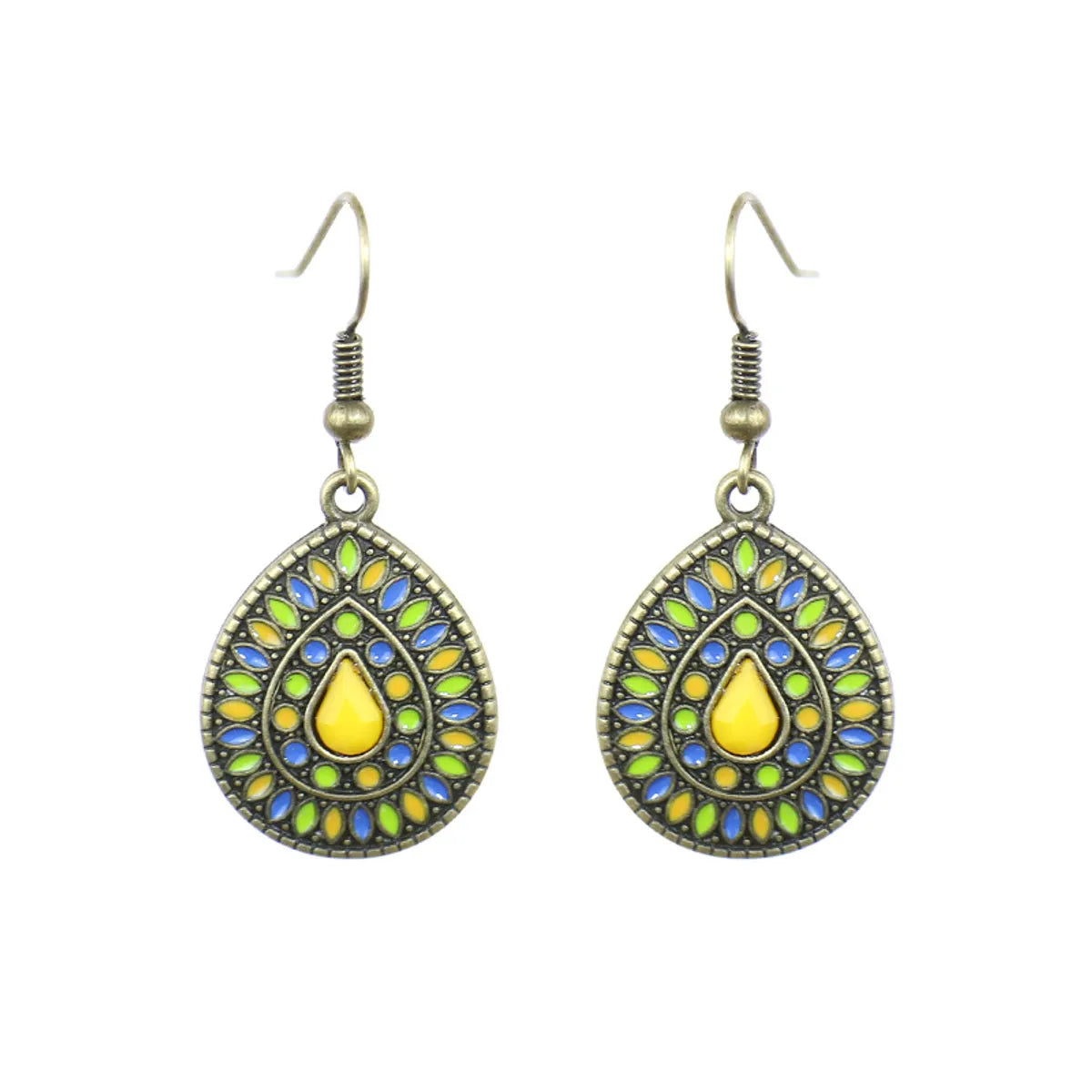 1 Pair Ethnic Style Water Droplets Flower Alloy Enamel Plating Inlay Artificial Gemstones Women'S Drop Earrings