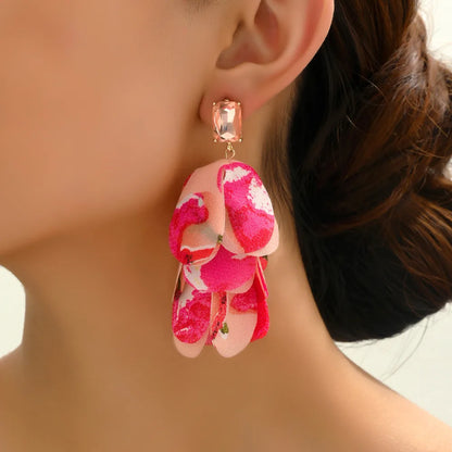 1 Pair Exaggerated Bohemian Beach Petal Printing Inlay Zinc Alloy Glass Dangling Earrings