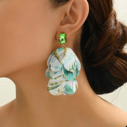 1 Pair Exaggerated Bohemian Beach Petal Printing Inlay Zinc Alloy Glass Dangling Earrings