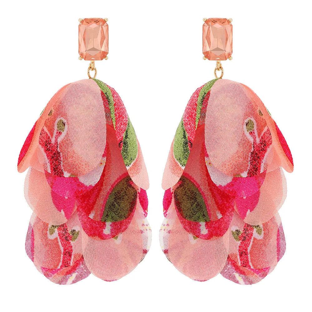 1 Pair Exaggerated Bohemian Beach Petal Printing Inlay Zinc Alloy Glass Dangling Earrings