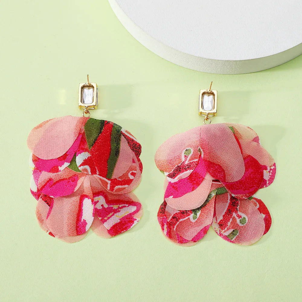 1 Pair Exaggerated Bohemian Beach Petal Printing Inlay Zinc Alloy Glass Dangling Earrings