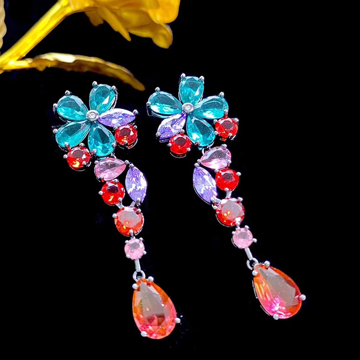 1 Pair Exaggerated Flower Inlay Sterling Silver Copper Zircon Drop Earrings