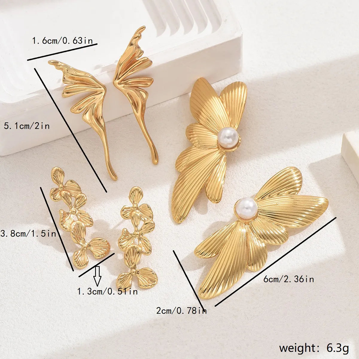 1 Pair Exaggerated French Style Geometric Flower Butterfly Inlay 201 Stainless Steel Pearl 18K Gold Plated Ear Studs