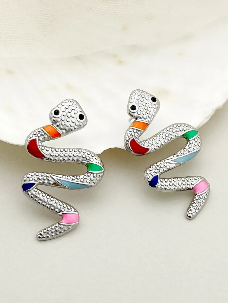 1 Pair Exaggerated Funny Snake Polishing Enamel Plating Stainless Steel Gold Plated Ear Studs