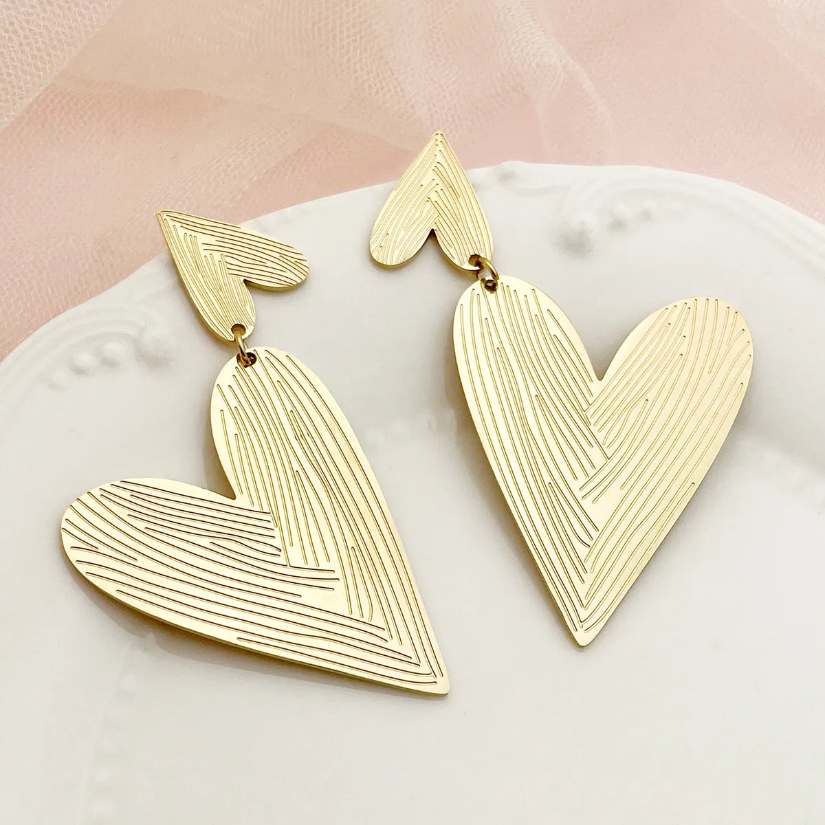 1 Pair Exaggerated Lady Stripe Heart Shape Polishing Plating 304 Stainless Steel 14K Gold Plated Drop Earrings