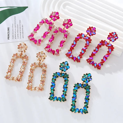 1 Pair Exaggerated Luxurious Flower Rectangle Inlay Alloy Rhinestones Glass Drop Earrings