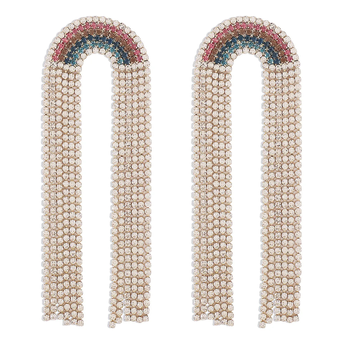 1 Pair Exaggerated Luxurious Rainbow Tassel Alloy Rhinestone Drop Earrings