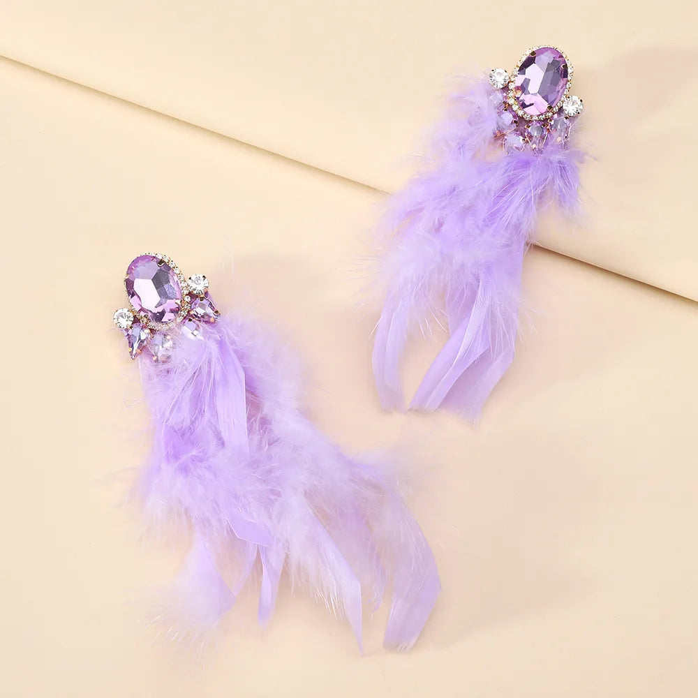 1 Pair Exaggerated Novelty Feather Layered Inlay Artificial Feather Alloy Glass Drop Earrings