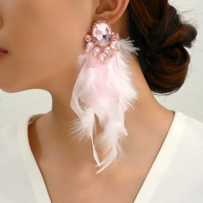 1 Pair Exaggerated Novelty Feather Layered Inlay Artificial Feather Alloy Glass Drop Earrings