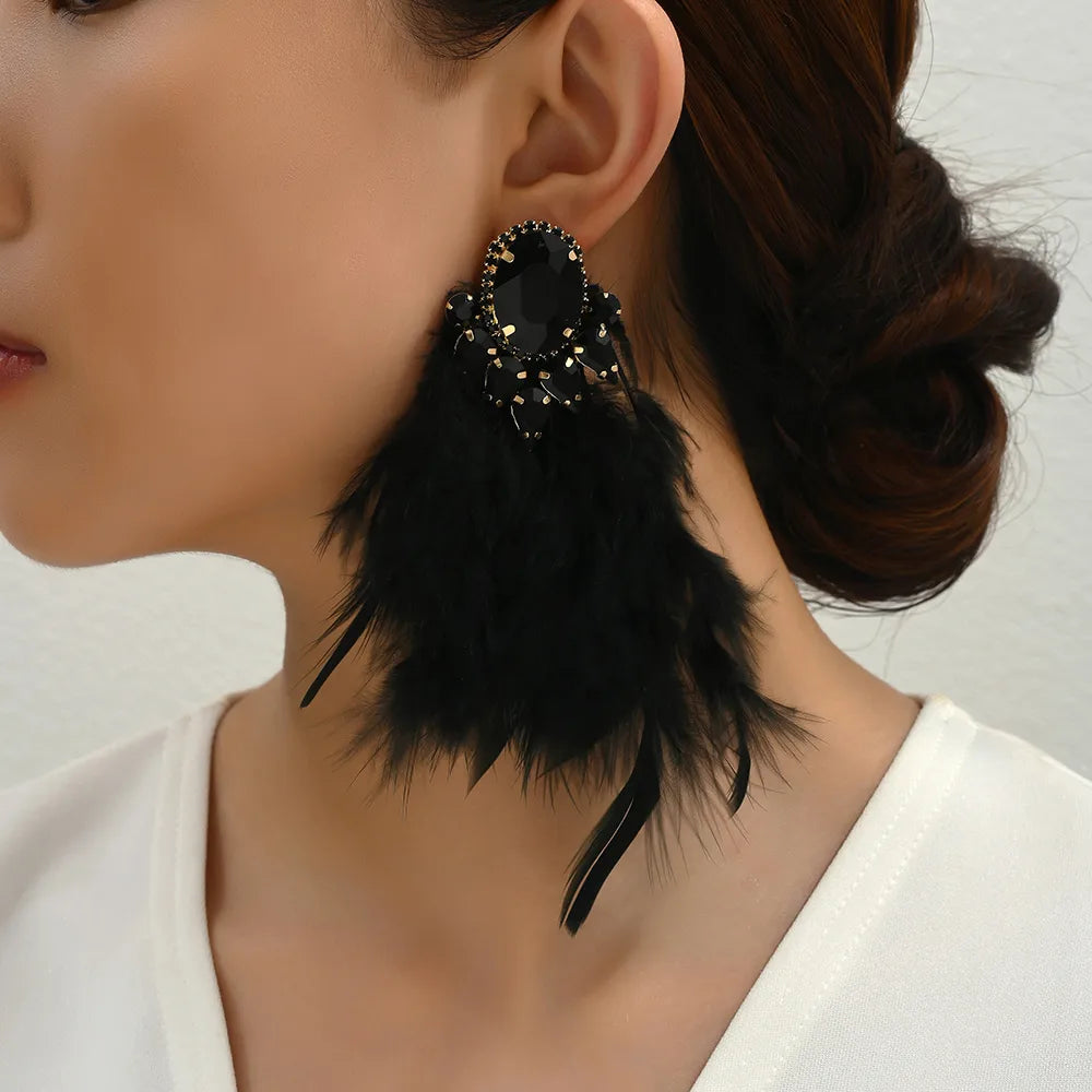 1 Pair Exaggerated Novelty Feather Layered Inlay Artificial Feather Alloy Glass Drop Earrings