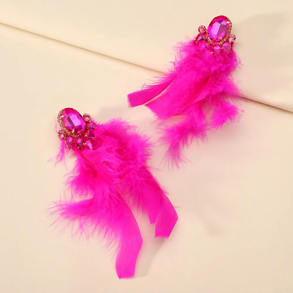 1 Pair Exaggerated Novelty Feather Layered Inlay Artificial Feather Alloy Glass Drop Earrings