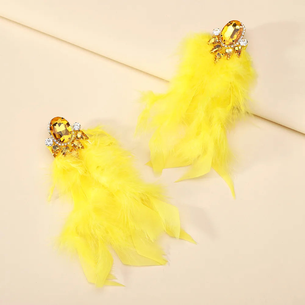 1 Pair Exaggerated Novelty Feather Layered Inlay Artificial Feather Alloy Glass Drop Earrings