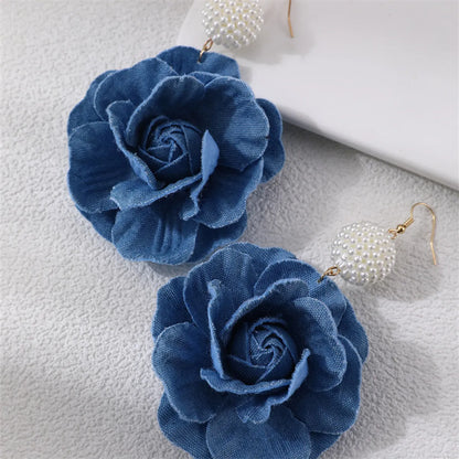 1 Pair Exaggerated Romantic Flower Pearl Three-Dimensional Alloy Cloth Drop Earrings Earrings