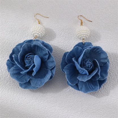 1 Pair Exaggerated Romantic Flower Pearl Three-Dimensional Alloy Cloth Drop Earrings Earrings