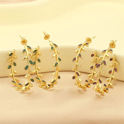 1 Pair Exaggerated Simple Style Leaves Plating Inlay Copper Zircon 18k Gold Plated Earrings