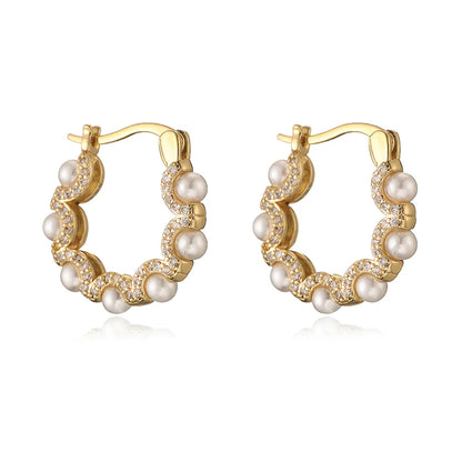 1 Pair Exaggerated Simple Style Shiny Round Inlay Copper Artificial Pearls Zircon 18K Gold Plated Earrings