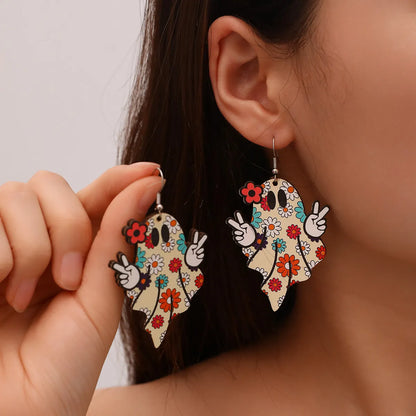 1 Pair Exaggerated Vacation Funny Halloween Pattern Pumpkin Painted Lacquer Painting Alloy Wood Drop Earrings