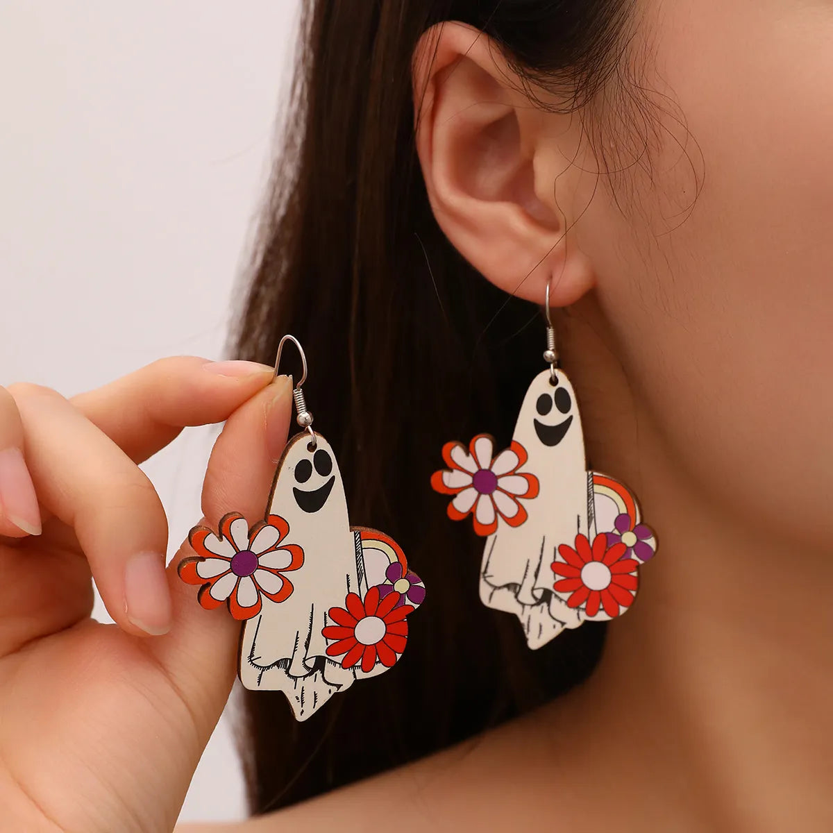 1 Pair Exaggerated Vacation Funny Halloween Pattern Pumpkin Painted Lacquer Painting Alloy Wood Drop Earrings