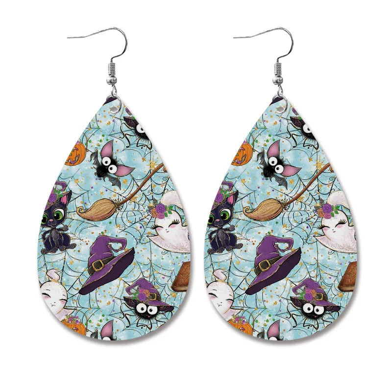 1 Pair Exaggerated Water Droplets Heart Shape Printing Pu Leather Drop Earrings