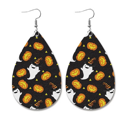 1 Pair Exaggerated Water Droplets Heart Shape Printing Pu Leather Drop Earrings