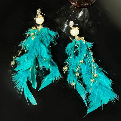 1 Pair Fairy Style Elegant Luxurious Geometric Tassel Plating Inlay Alloy Feather Artificial Rhinestones Artificial Pearls Drop Earrings