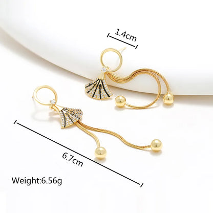 1 Pair Fairy Style Sweet Geometric Sector Heart Shape Tassel Inlay Copper Zircon 18K Gold Plated Drop Earrings