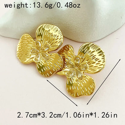 1 Pair Fairy Style Sweet Korean Style Round Flower Lotus Leaf HD-18918 Inlay 304 Stainless Steel Rhinestones Gold Plated Ear Studs