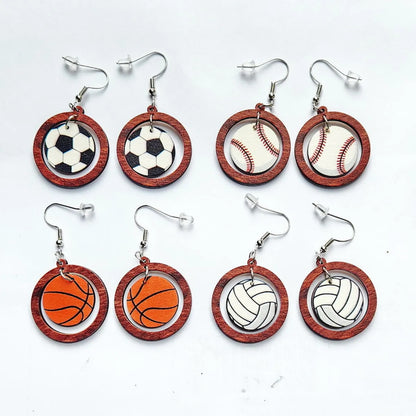 1 Pair Fashion Basketball Football Wood Printing Football World Cup Women's Drop Earrings