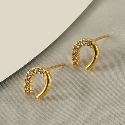 1 Pair Fashion C Shape Inlay Stainless Steel Rhinestones 18k Gold Plated Ear Studs