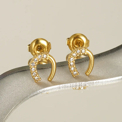 1 Pair Fashion C Shape Inlay Stainless Steel Rhinestones 18k Gold Plated Ear Studs