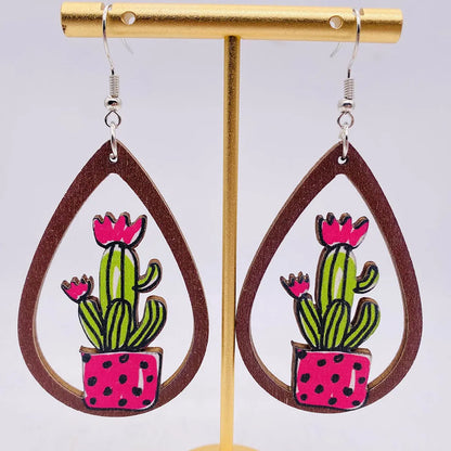 1 Pair Fashion Cactus Wood Women's Drop Earrings