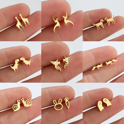 1 Pair Fashion Dog Dinosaur Giraffe Titanium Steel Ear Studs