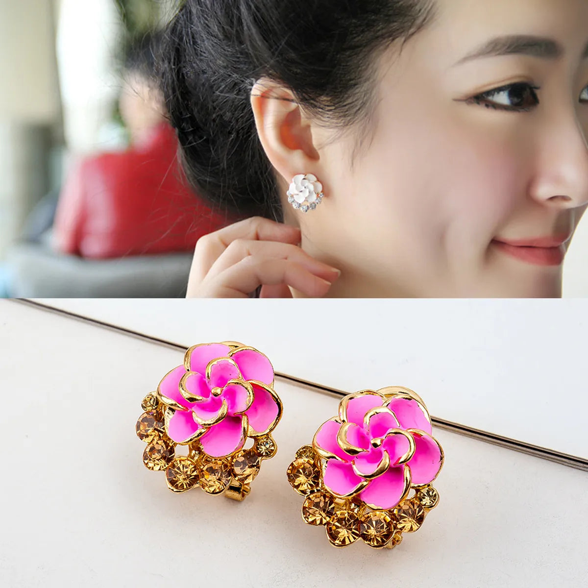 1 Pair Fashion Flower Enamel Plating Inlay Alloy Artificial Rhinestones Gold Plated Ear Studs