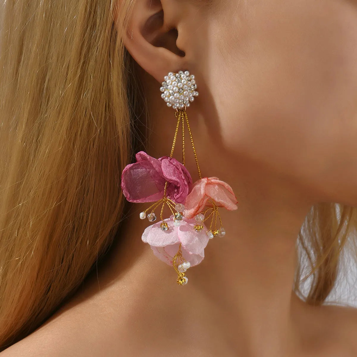 1 Pair Fashion Flower Cloth Handmade Rhinestones Women'S Drop Earrings