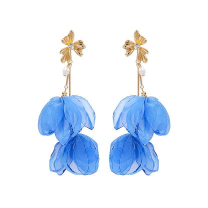 1 Pair Fashion Flower Cloth Pearl Inlay Rhinestones Women's Drop Earrings