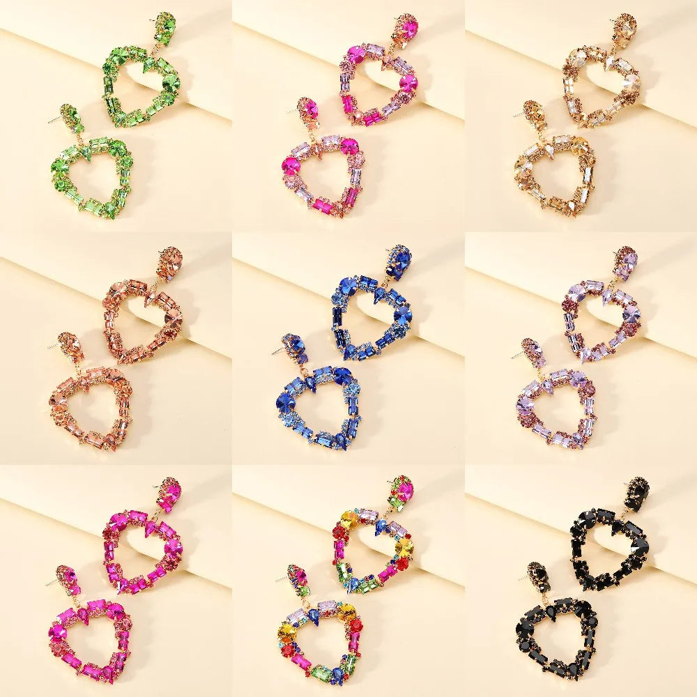 1 Pair Fashion Heart Shape Rhinestone Glass Hollow Out Women'S Chandelier Earrings