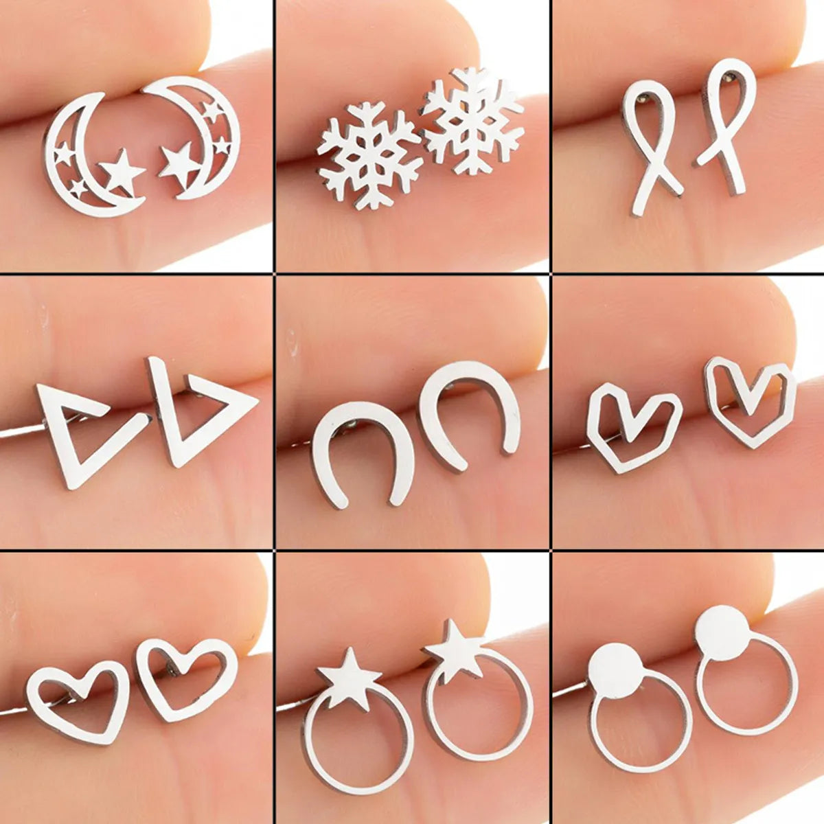 1 Pair Fashion Moon Heart Shape Snowflake Stainless Steel Ear Studs