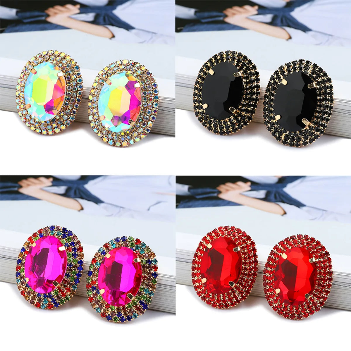 1 Pair Fashion Oval Metal Inlay Zircon Women'S Ear Studs