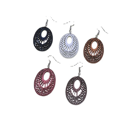 1 Pair Fashion Oval Wood Carving Women'S Drop Earrings