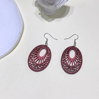 1 Pair Fashion Oval Wood Carving Women'S Drop Earrings