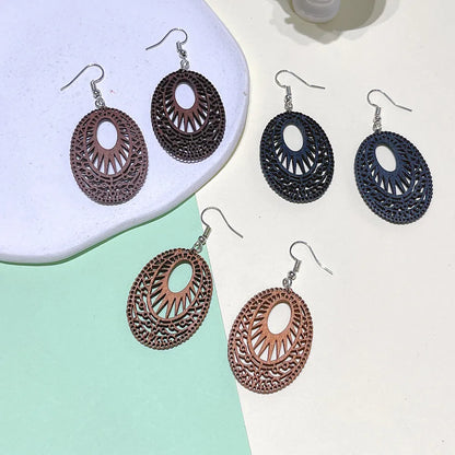 1 Pair Fashion Oval Wood Carving Women'S Drop Earrings