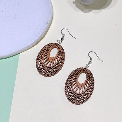 1 Pair Fashion Oval Wood Carving Women'S Drop Earrings