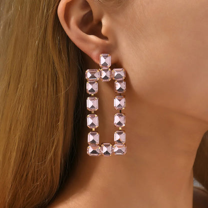 1 Pair Fashion Rectangle Rhinestone Glass Hollow Out Women's Chandelier Earrings