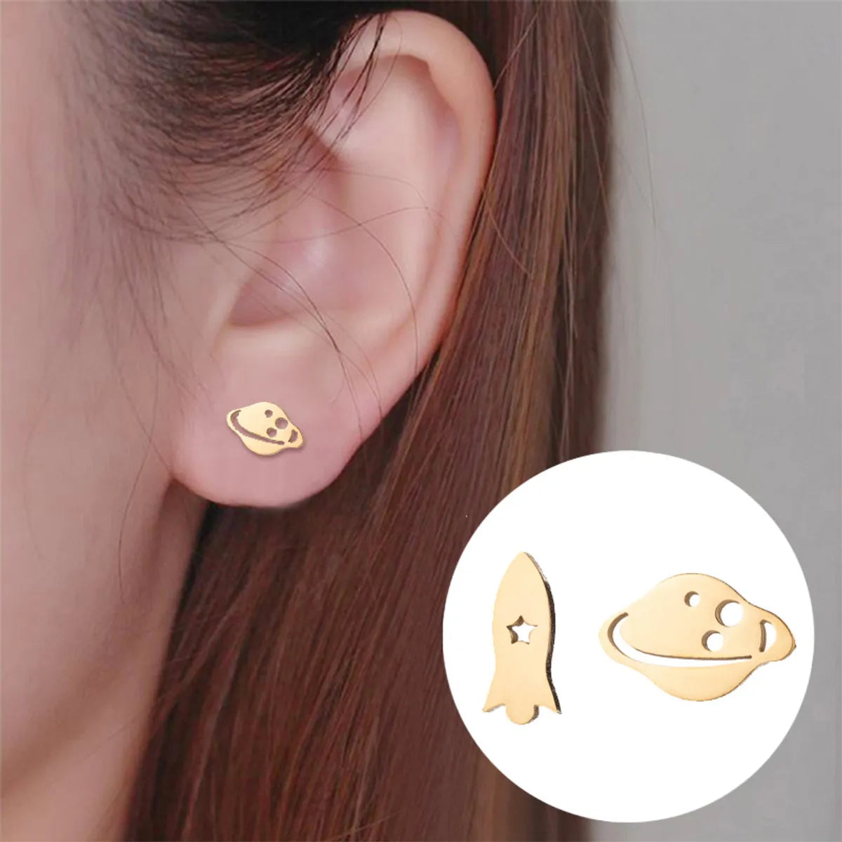 1 Pair Fashion Spacecraft Planet Titanium Steel Plating Ear Studs