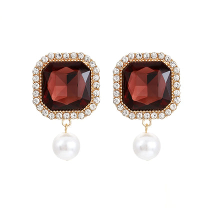 1 Pair Fashion Square Alloy Inlay Crystal Rhinestones Pearl Women's Drop Earrings