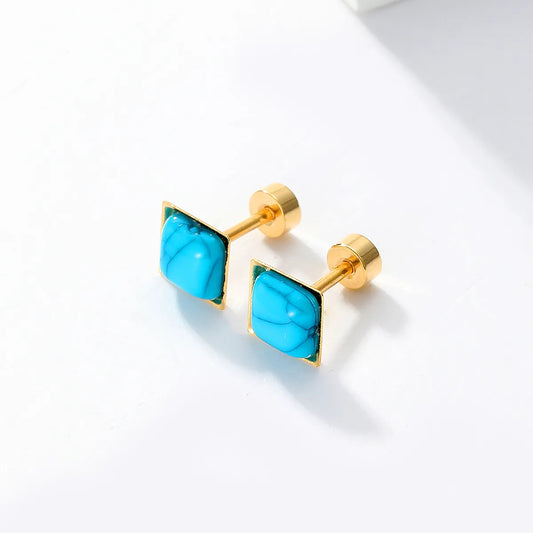 1 Pair Fashion Square Stainless Steel Plating Inlay Turquoise 18k Gold Plated Ear Studs