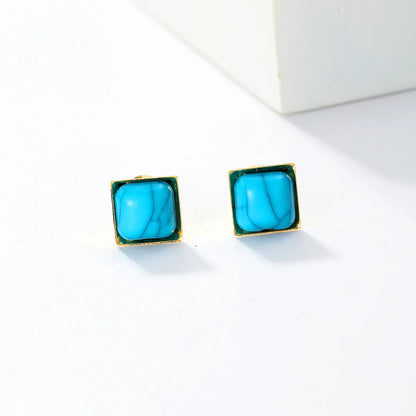 1 Pair Fashion Square Stainless Steel Plating Inlay Turquoise 18k Gold Plated Ear Studs