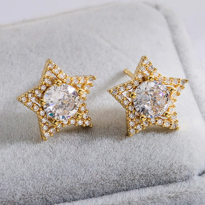 1 Pair Fashion Star Flower Butterfly Inlay Copper Zircon 18k Gold Plated Ear Studs