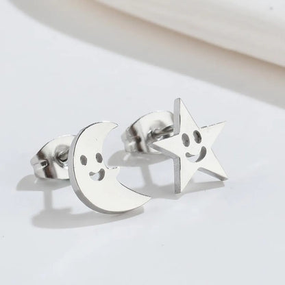 1 Pair Fashion Star Moon Wings Titanium Steel Asymmetrical Plating Hollow Out Ear Studs